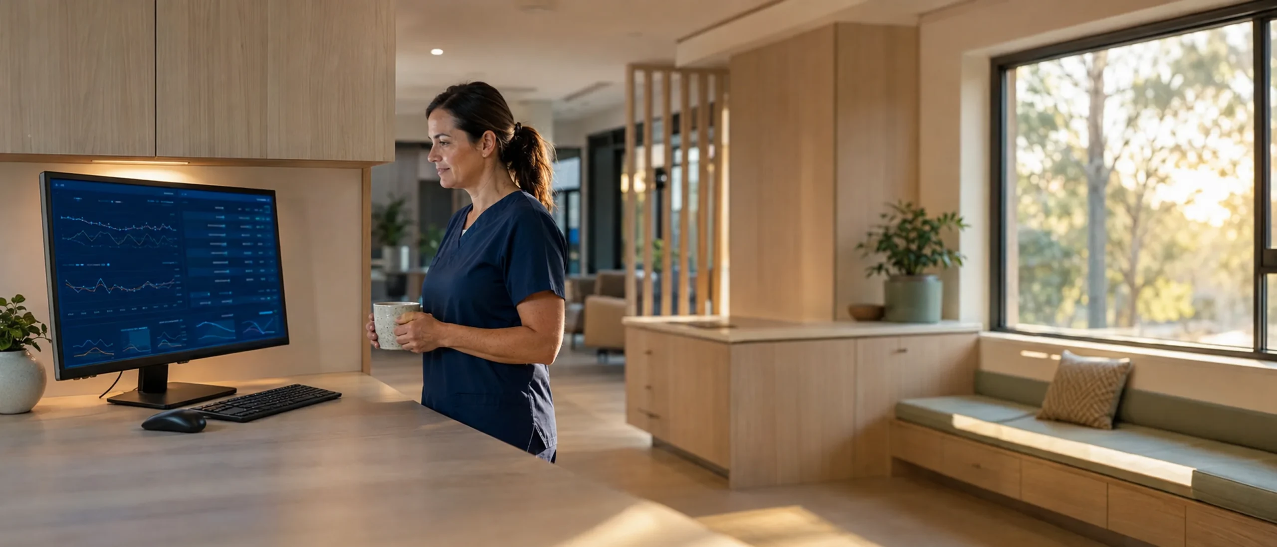 A registered nurse with a mug of tea reviewing the Vital Signs Monitoring dashboard at a nurses station, early morning light through a window across the room